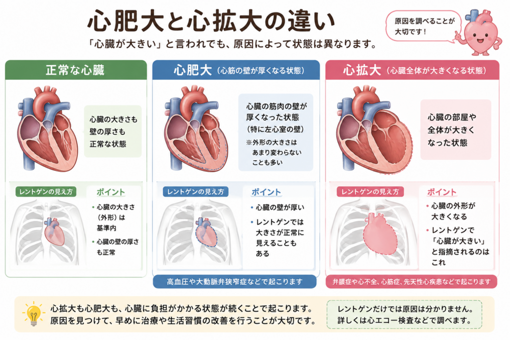 正常な心臓・心肥大・心拡大について、心臓の断面図と胸部レントゲンでの見え方を比較した図