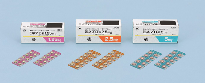 ミネブロ錠1.25mg・2.5mg・5mgの実物写真（錠剤とPTPシート）